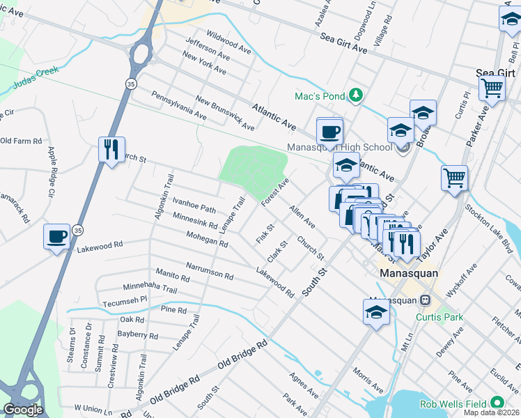 map of restaurants, bars, coffee shops, grocery stores, and more near 119 Church St in Manasquan