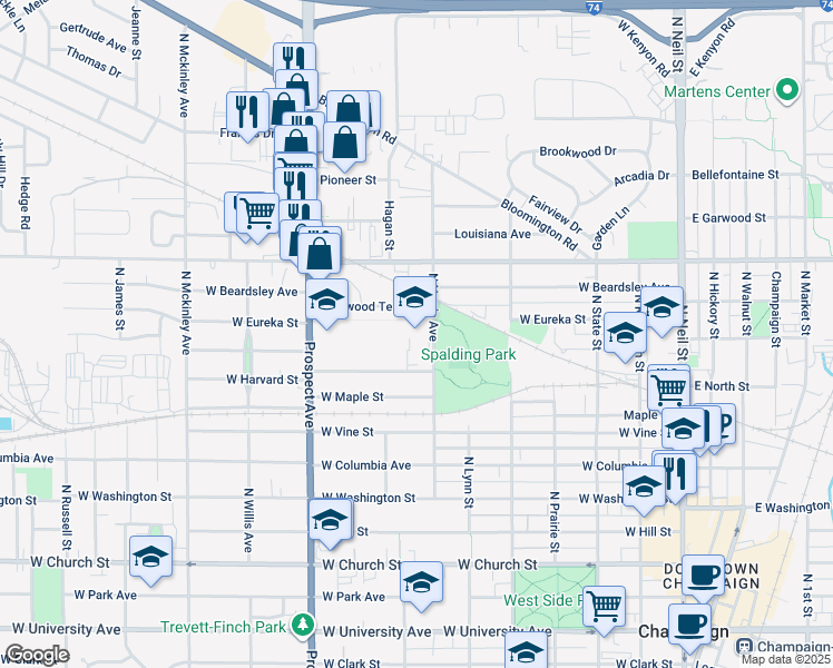 map of restaurants, bars, coffee shops, grocery stores, and more near 817 North Harris Avenue in Champaign