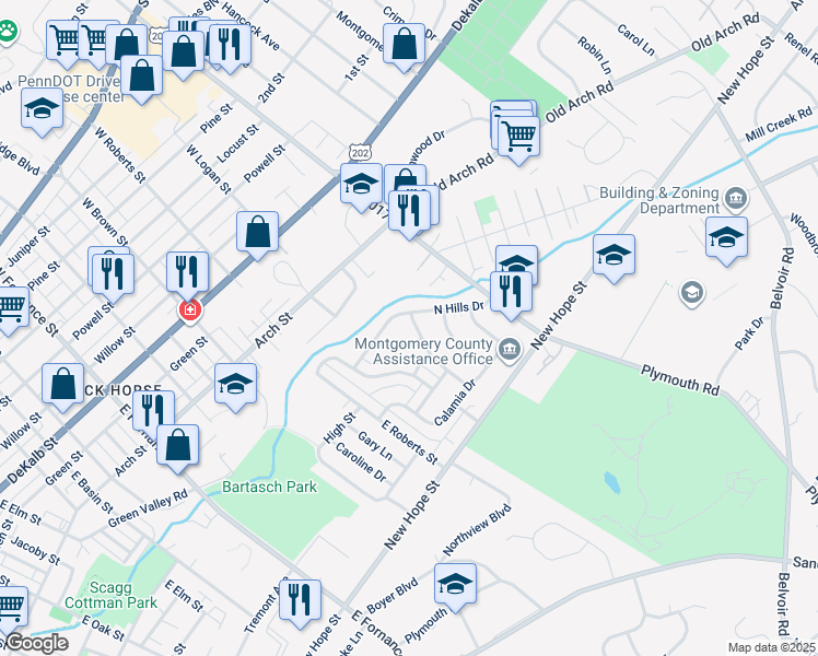 map of restaurants, bars, coffee shops, grocery stores, and more near 502 Natalie Lane in Norristown