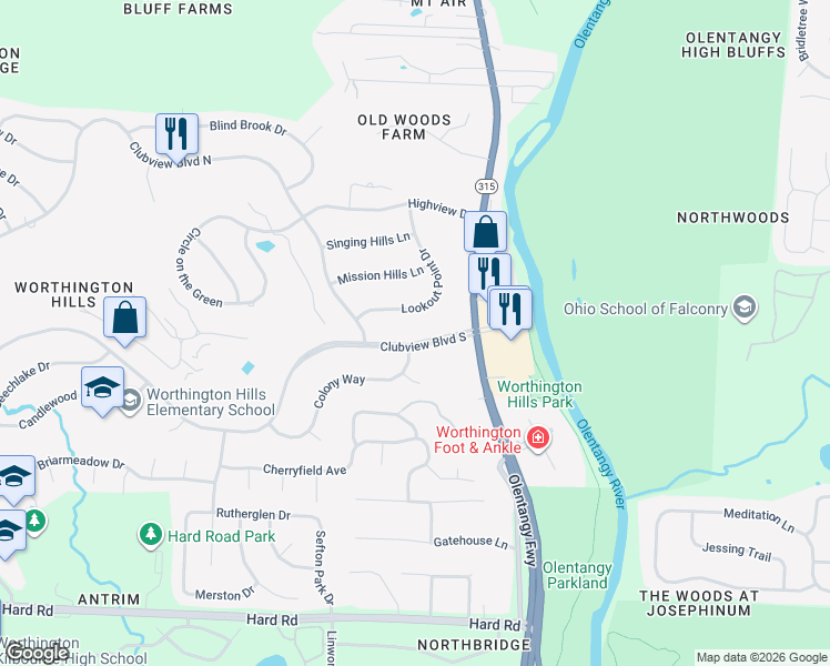 map of restaurants, bars, coffee shops, grocery stores, and more near 800 Clubview Boulevard South in Columbus
