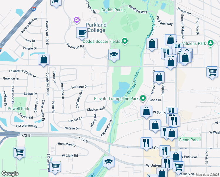 map of restaurants, bars, coffee shops, grocery stores, and more near 2509 Clayton Blvd in Champaign
