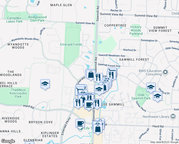 map of restaurants, bars, coffee shops, grocery stores, and more near 7734 South Essex Gate Drive in Dublin
