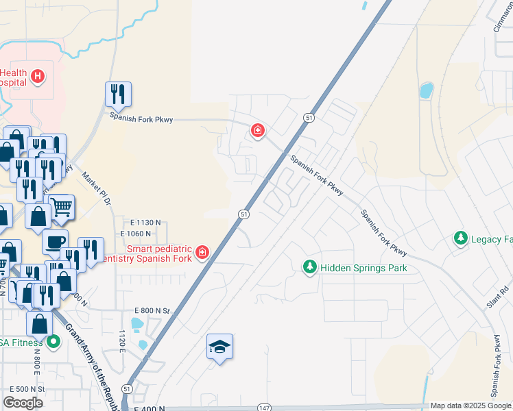map of restaurants, bars, coffee shops, grocery stores, and more near 1166 North Ridge Court in Spanish Fork