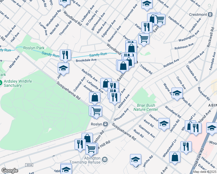 map of restaurants, bars, coffee shops, grocery stores, and more near 1200 Easton Road in Abington