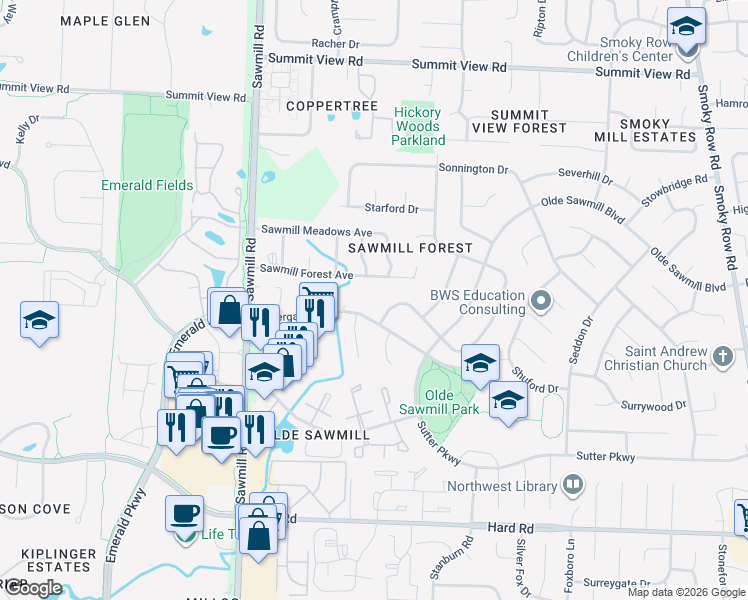 map of restaurants, bars, coffee shops, grocery stores, and more near 7767 Willowcove Court in Dublin