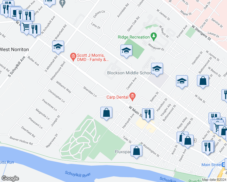 map of restaurants, bars, coffee shops, grocery stores, and more near 1481 West Main Street in Norristown