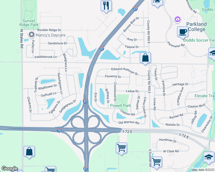 map of restaurants, bars, coffee shops, grocery stores, and more near 3307 Katie Lynn Drive in Champaign