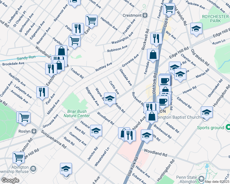 map of restaurants, bars, coffee shops, grocery stores, and more near 2116 Curtis Avenue in Abington