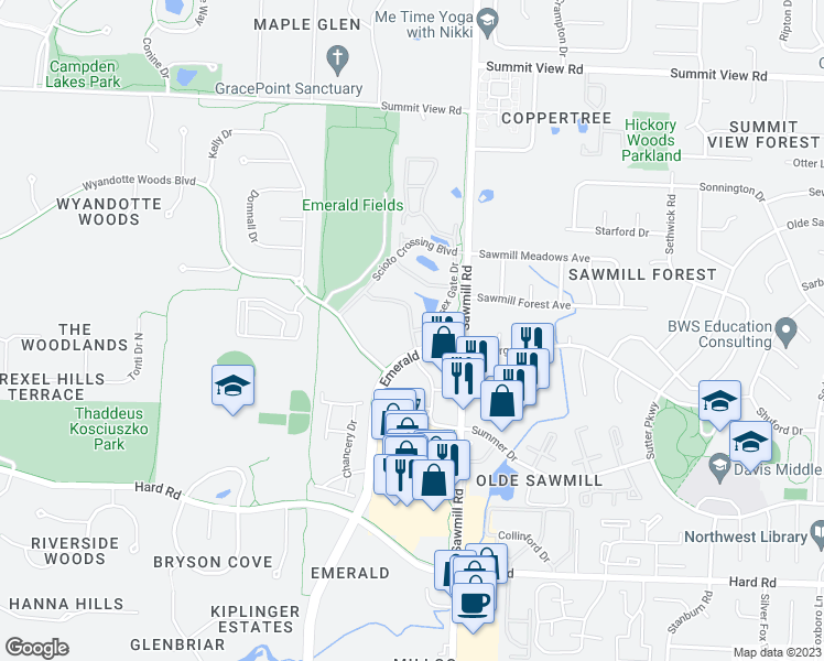 map of restaurants, bars, coffee shops, grocery stores, and more near 7112 Essex Gate Drive in Dublin