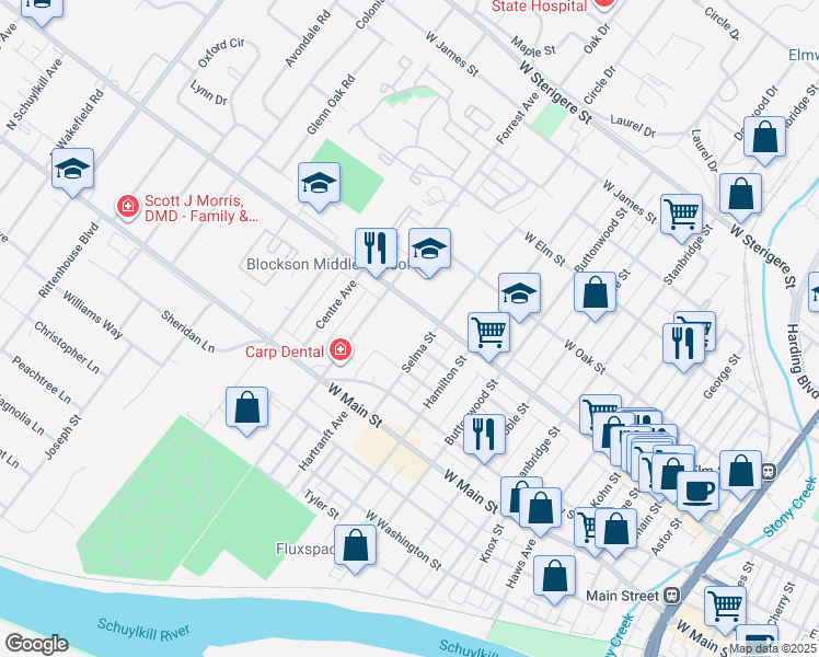 map of restaurants, bars, coffee shops, grocery stores, and more near 1326-1398 West Marshall Street in Norristown