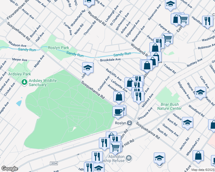 map of restaurants, bars, coffee shops, grocery stores, and more near 2474 Avondale Avenue in Abington