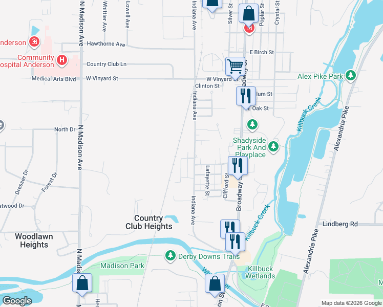 map of restaurants, bars, coffee shops, grocery stores, and more near 1009 Indiana Avenue in Anderson