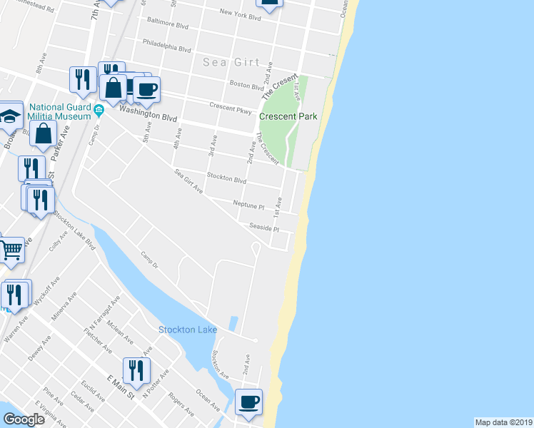 map of restaurants, bars, coffee shops, grocery stores, and more near 104 Neptune Place in Sea Girt