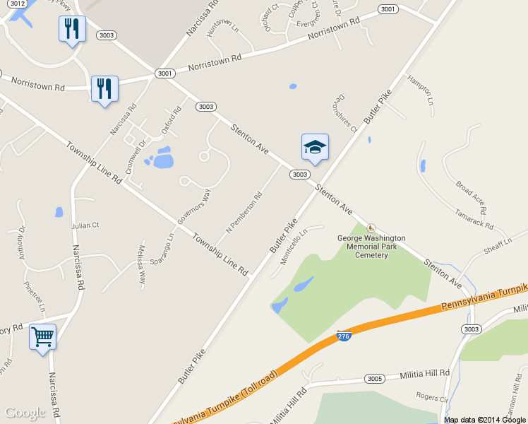 map of restaurants, bars, coffee shops, grocery stores, and more near 1690 Pemberton Road in Blue Bell