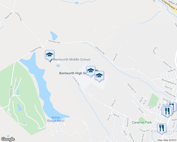 map of restaurants, bars, coffee shops, grocery stores, and more near 100 Bearcat Drive in Bentleyville