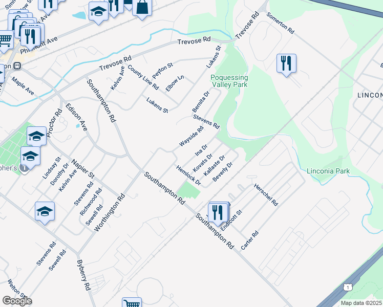map of restaurants, bars, coffee shops, grocery stores, and more near 15124 Ina Drive in Philadelphia