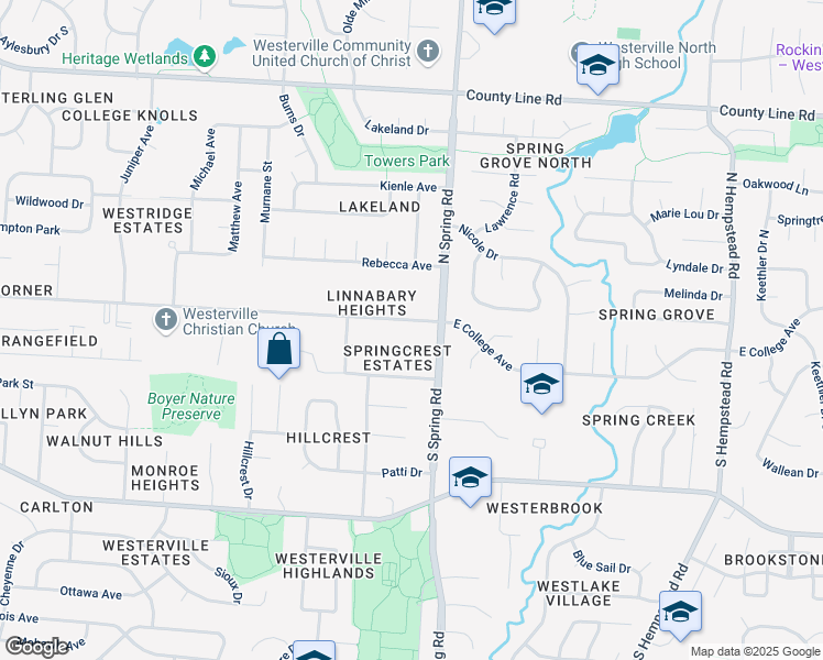 map of restaurants, bars, coffee shops, grocery stores, and more near 763 East College Avenue in Westerville