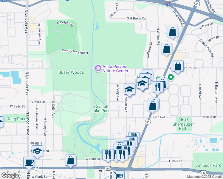 map of restaurants, bars, coffee shops, grocery stores, and more near 1304 North Broadway Avenue in Urbana