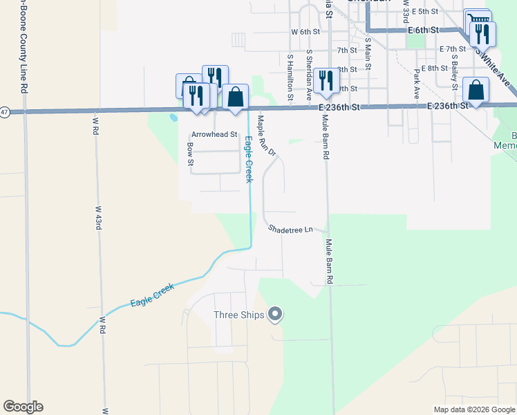 map of restaurants, bars, coffee shops, grocery stores, and more near 1302 Shadetree Lane in Sheridan