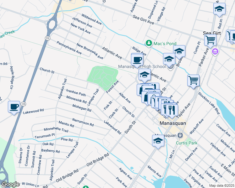 map of restaurants, bars, coffee shops, grocery stores, and more near 23 Allen Avenue in Manasquan