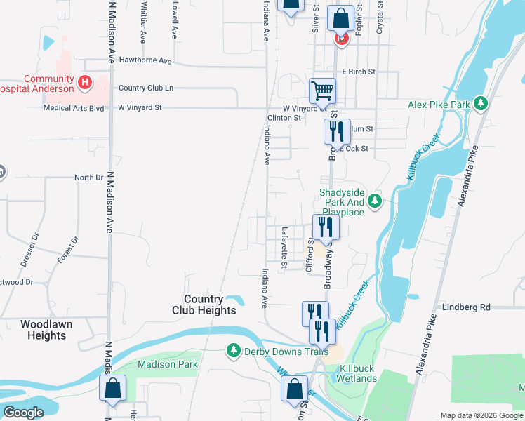 map of restaurants, bars, coffee shops, grocery stores, and more near 328 West North Street in Anderson
