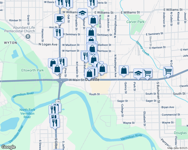 map of restaurants, bars, coffee shops, grocery stores, and more near 13 North Vermilion Street in Danville