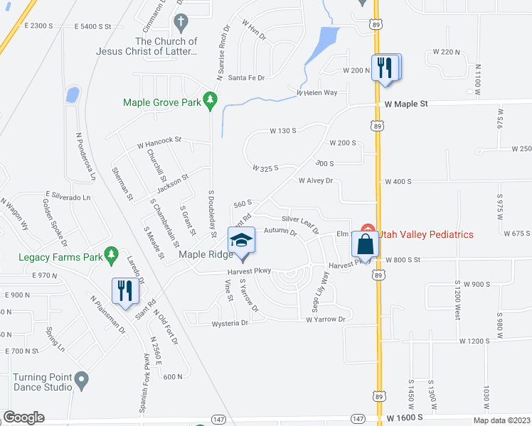 map of restaurants, bars, coffee shops, grocery stores, and more near 2176 Silver Leaf Drive in Mapleton