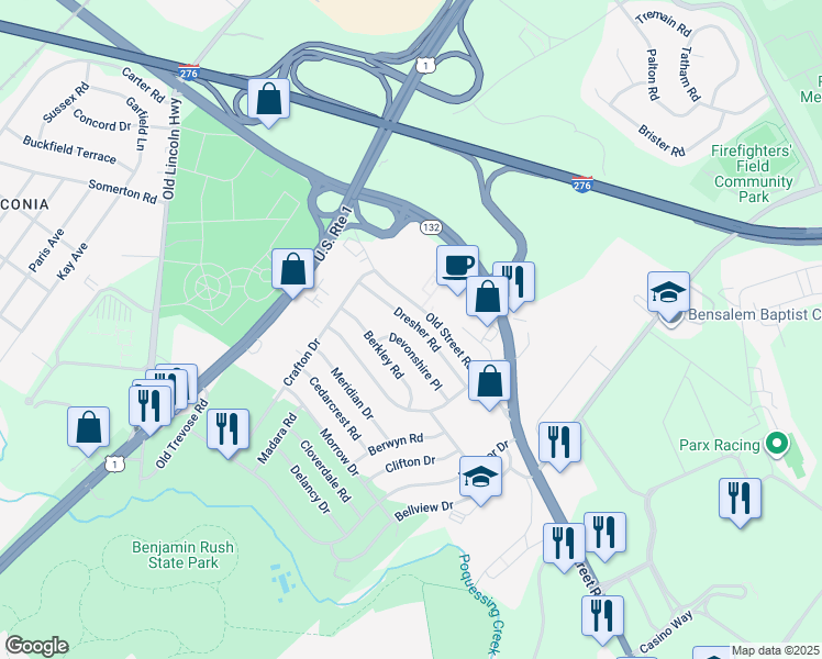 map of restaurants, bars, coffee shops, grocery stores, and more near 3746 Dresher Road in Bensalem