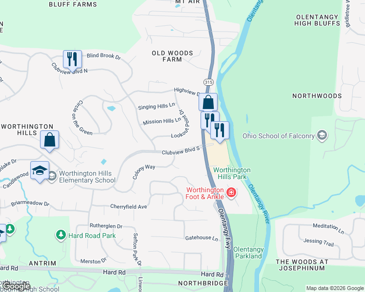 map of restaurants, bars, coffee shops, grocery stores, and more near 800 Clubview Boulevard South in Columbus