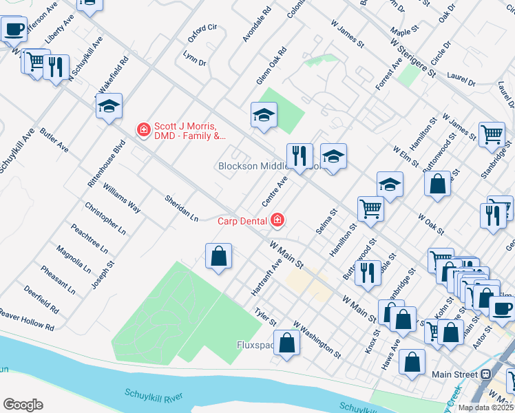 map of restaurants, bars, coffee shops, grocery stores, and more near 23 Centre Avenue in Eagleville