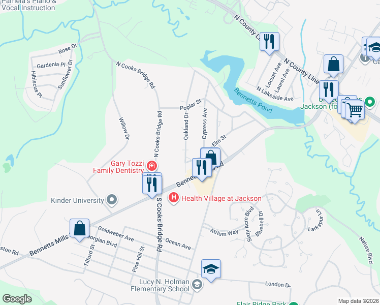 map of restaurants, bars, coffee shops, grocery stores, and more near 4 Oakland Drive in Jackson Township
