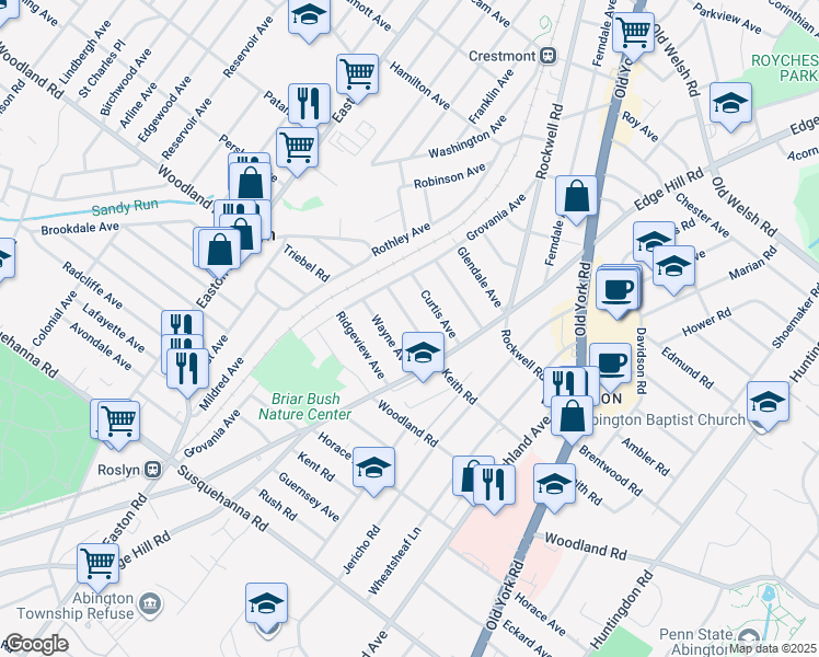 map of restaurants, bars, coffee shops, grocery stores, and more near 2136 Keith Road in Abington