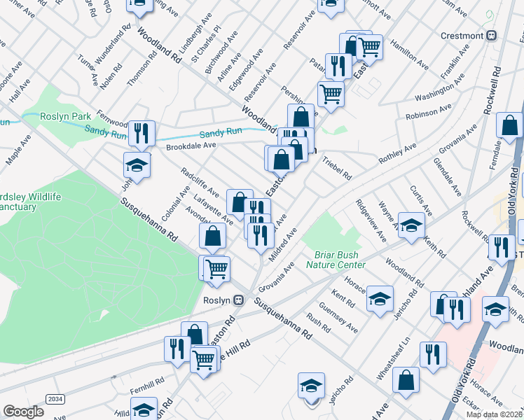 map of restaurants, bars, coffee shops, grocery stores, and more near 2328 Kenderton Avenue in Abington