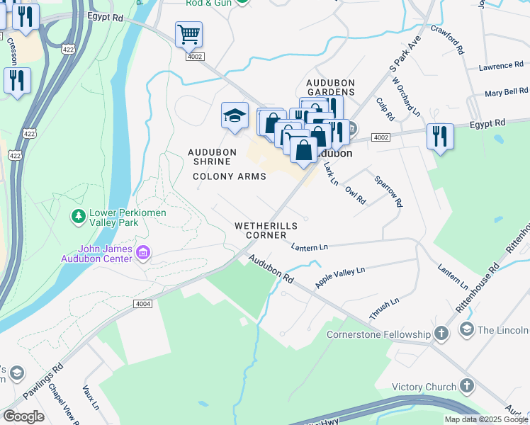 map of restaurants, bars, coffee shops, grocery stores, and more near 1153 Pawlings Road in Eagleville