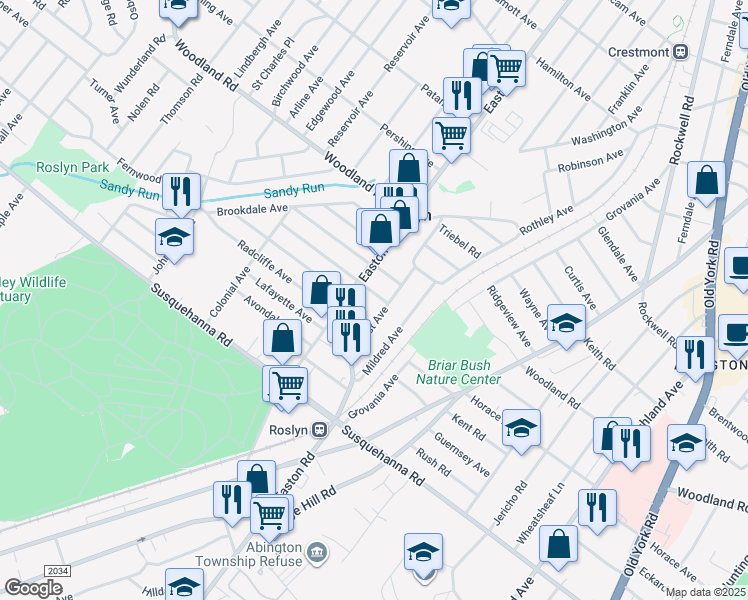 map of restaurants, bars, coffee shops, grocery stores, and more near 2328 Kenderton Avenue in Abington