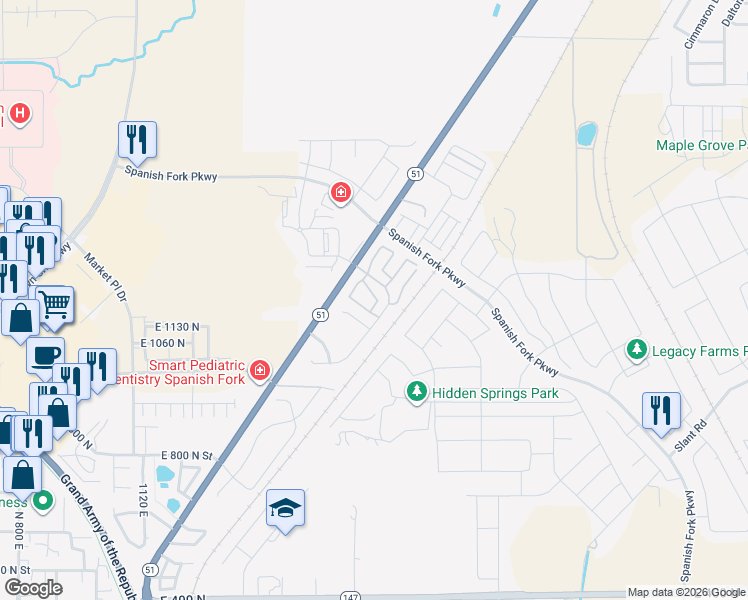 map of restaurants, bars, coffee shops, grocery stores, and more near 1187 Dragonfly Lane in Spanish Fork