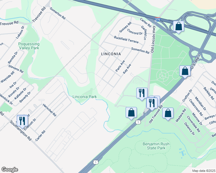 map of restaurants, bars, coffee shops, grocery stores, and more near 2377 Paris Avenue in Trevose