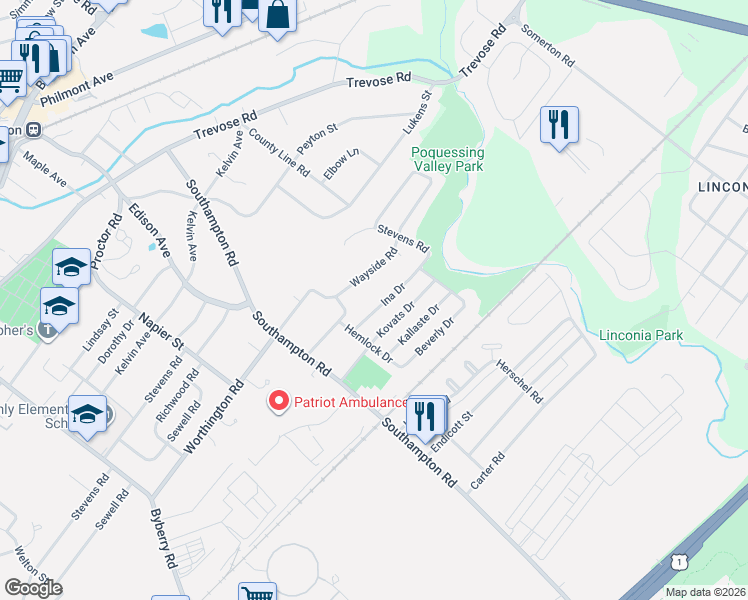 map of restaurants, bars, coffee shops, grocery stores, and more near 15127 Ina Drive in Philadelphia