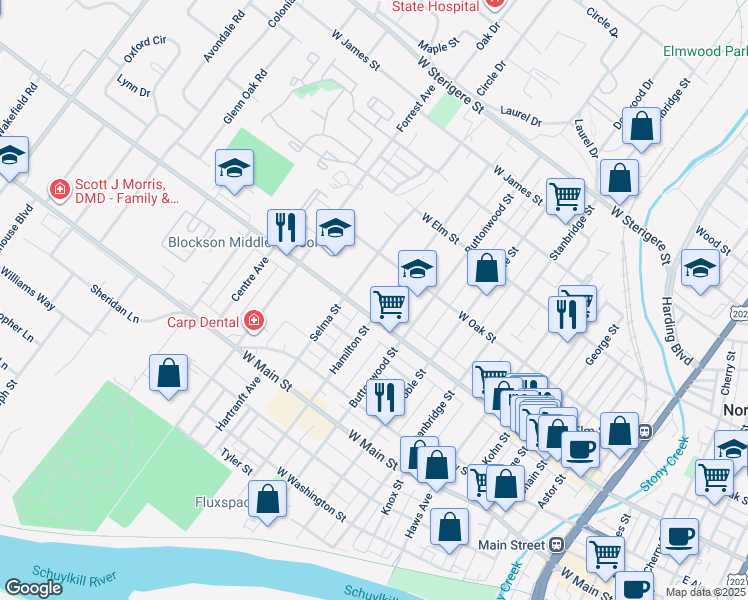 map of restaurants, bars, coffee shops, grocery stores, and more near 1221 West Marshall Street in Norristown