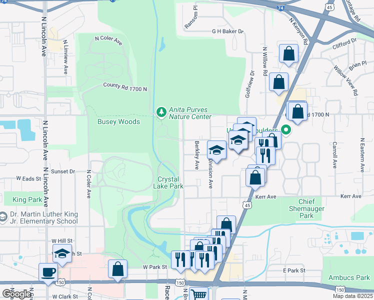 map of restaurants, bars, coffee shops, grocery stores, and more near 1304 North Broadway Avenue in Urbana