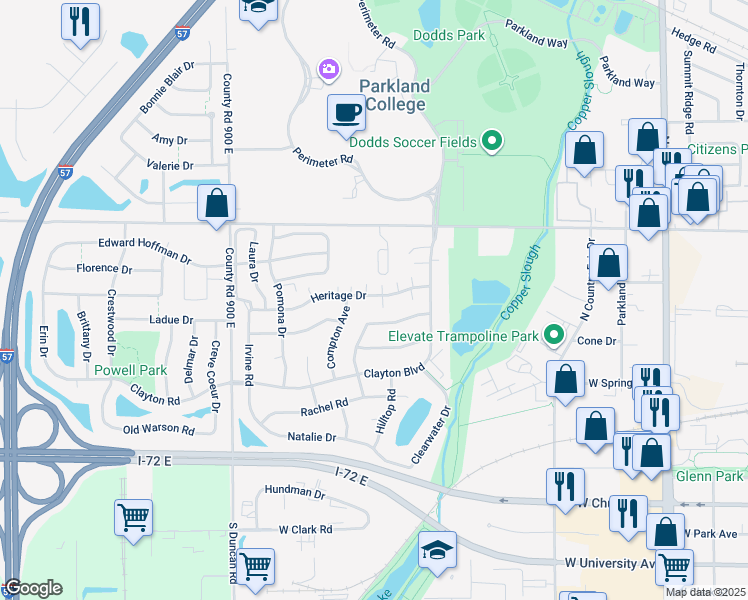 map of restaurants, bars, coffee shops, grocery stores, and more near 2609 Heritage Drive in Champaign