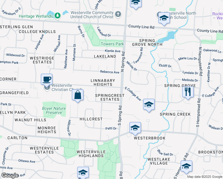 map of restaurants, bars, coffee shops, grocery stores, and more near 763 East College Avenue in Westerville