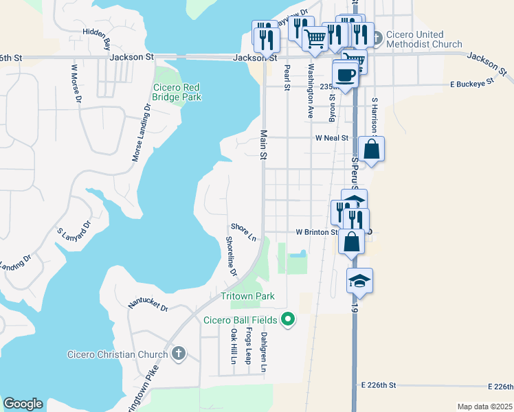 map of restaurants, bars, coffee shops, grocery stores, and more near 879 Main Street in Cicero
