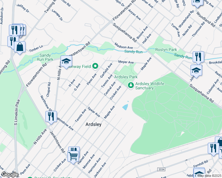 map of restaurants, bars, coffee shops, grocery stores, and more near 927 Central Avenue in Glenside