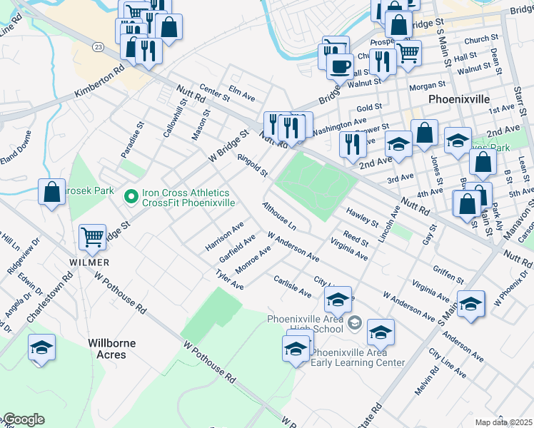 map of restaurants, bars, coffee shops, grocery stores, and more near 526 Virginia Avenue in Phoenixville