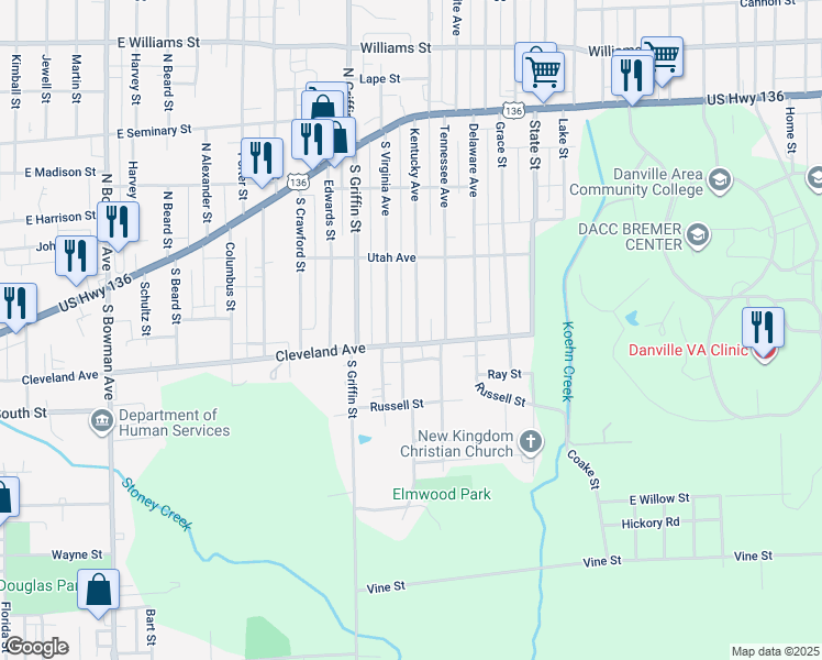 map of restaurants, bars, coffee shops, grocery stores, and more near 232 Kentucky Avenue in Danville