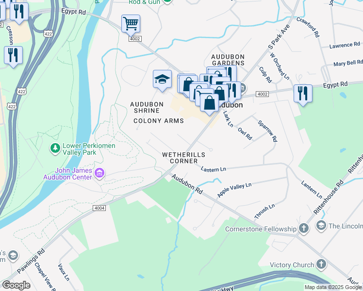 map of restaurants, bars, coffee shops, grocery stores, and more near 1153 Pawlings Road in Eagleville