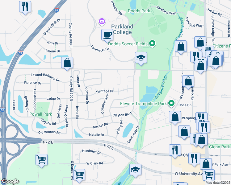 map of restaurants, bars, coffee shops, grocery stores, and more near 2609 Heritage Drive in Champaign