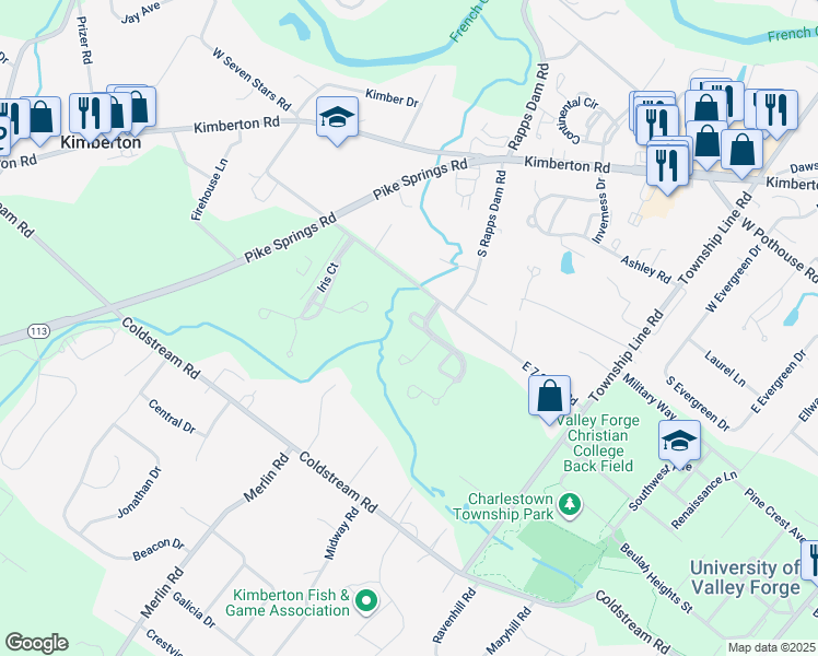 map of restaurants, bars, coffee shops, grocery stores, and more near 2307 Periwinkle Court in Phoenixville