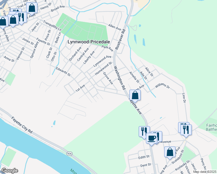 map of restaurants, bars, coffee shops, grocery stores, and more near 116 Sherwood Street in Belle Vernon